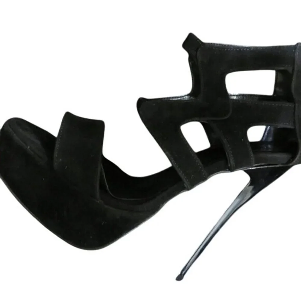 Miss Angelique Black Turkish Suede Leather Platforms Caged Stilettos Heels 9